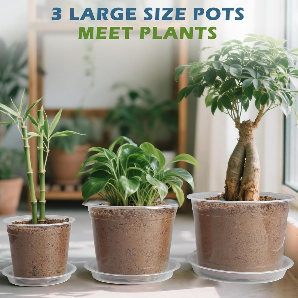 6/8/10 Inch Large Size Clear Nursery Pots with Drainage and Saucers, 9 Pack Plastic Plant Pots for Seedling Starter
