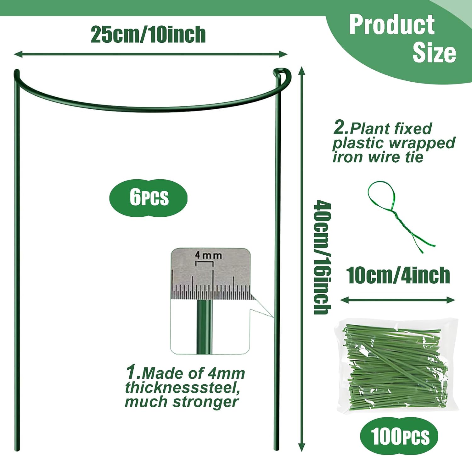 LINGHUI Peony Cages and Supports, 6 Pack Plant Support Stakes for Outdoor & Indoor Plants, 10" W x 16" H Half Round