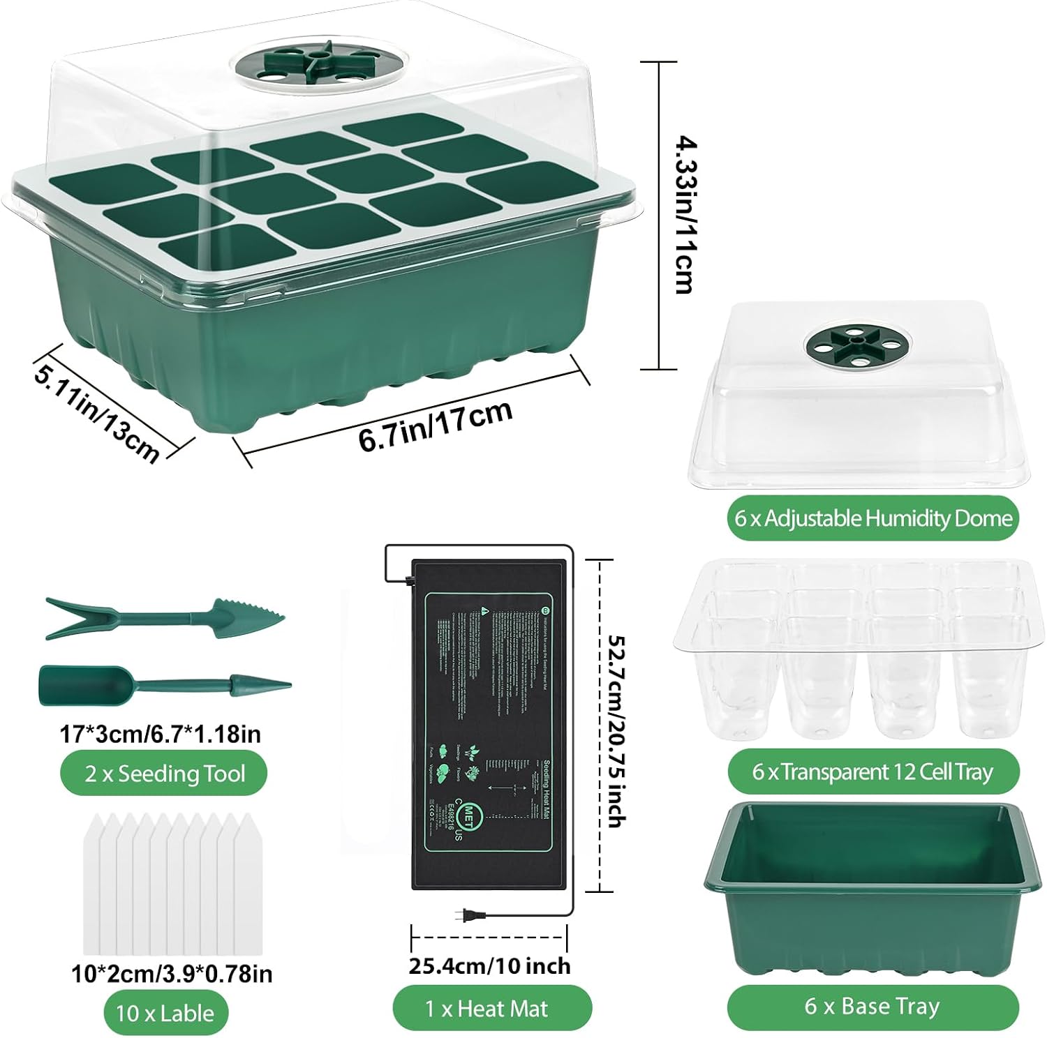 Sckee 6 Pack Seed Starter Tray with 10"x20.75" Seedling Heat Mat, Seed Starter Kit with Humidity Dome, Seed Starting