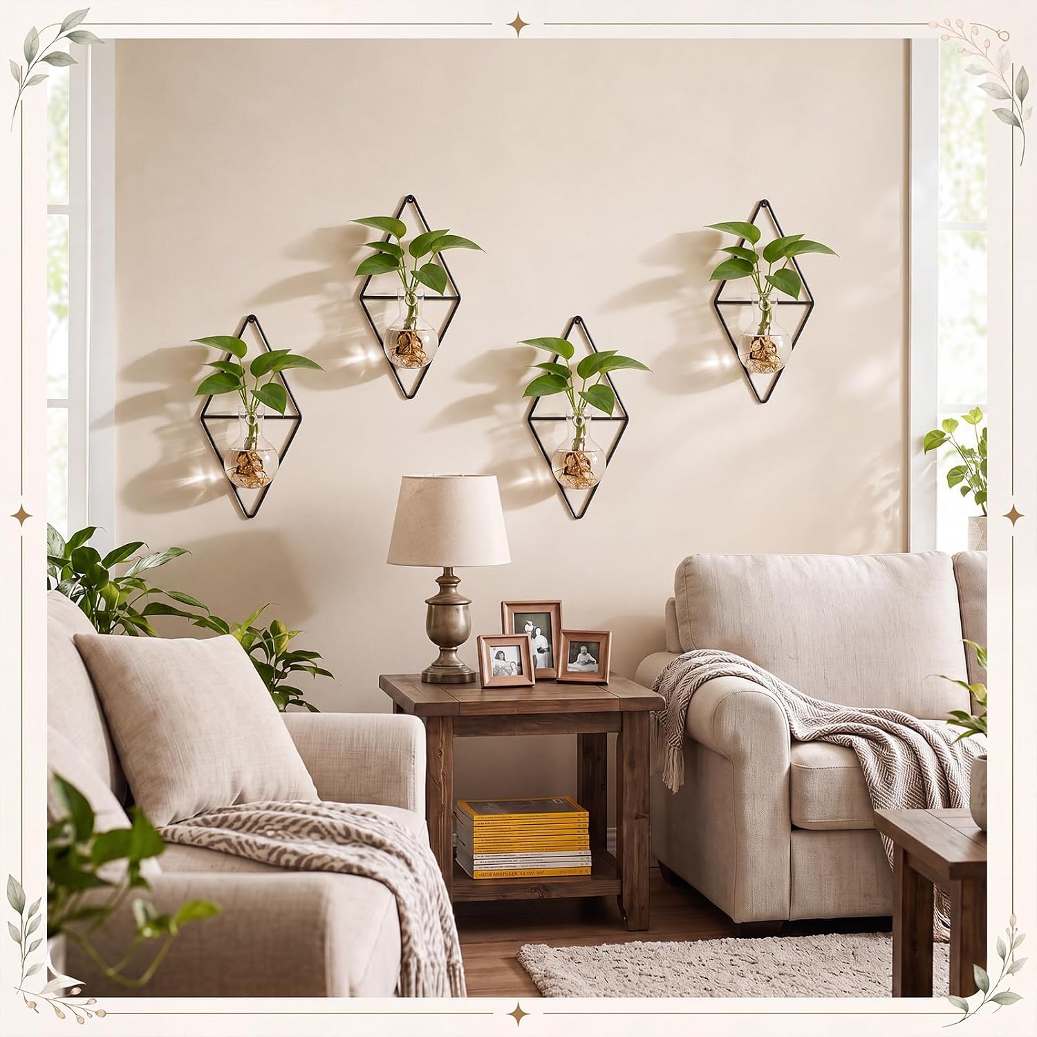 4 Pack Wall Hanging Glass Vase with Metal Frame, Wall Mounted Plant Propagation Station, Diamond Shape Hydroponic Glass