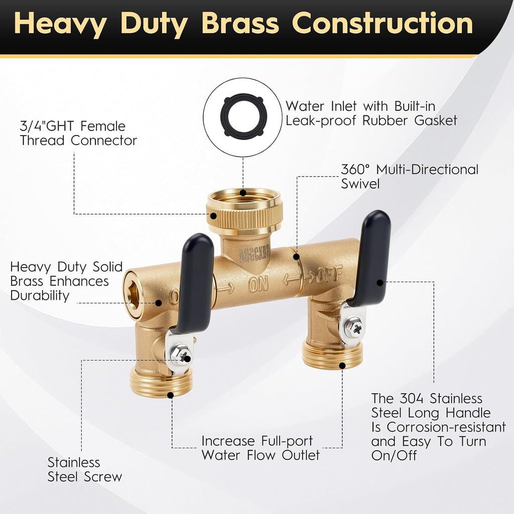 Garden Hose Splitter 2 Way, 360° Rotatable Brass Water Hose Y Splitter. | Outdoor Heavy Duty Spigot, 2 Way Faucet