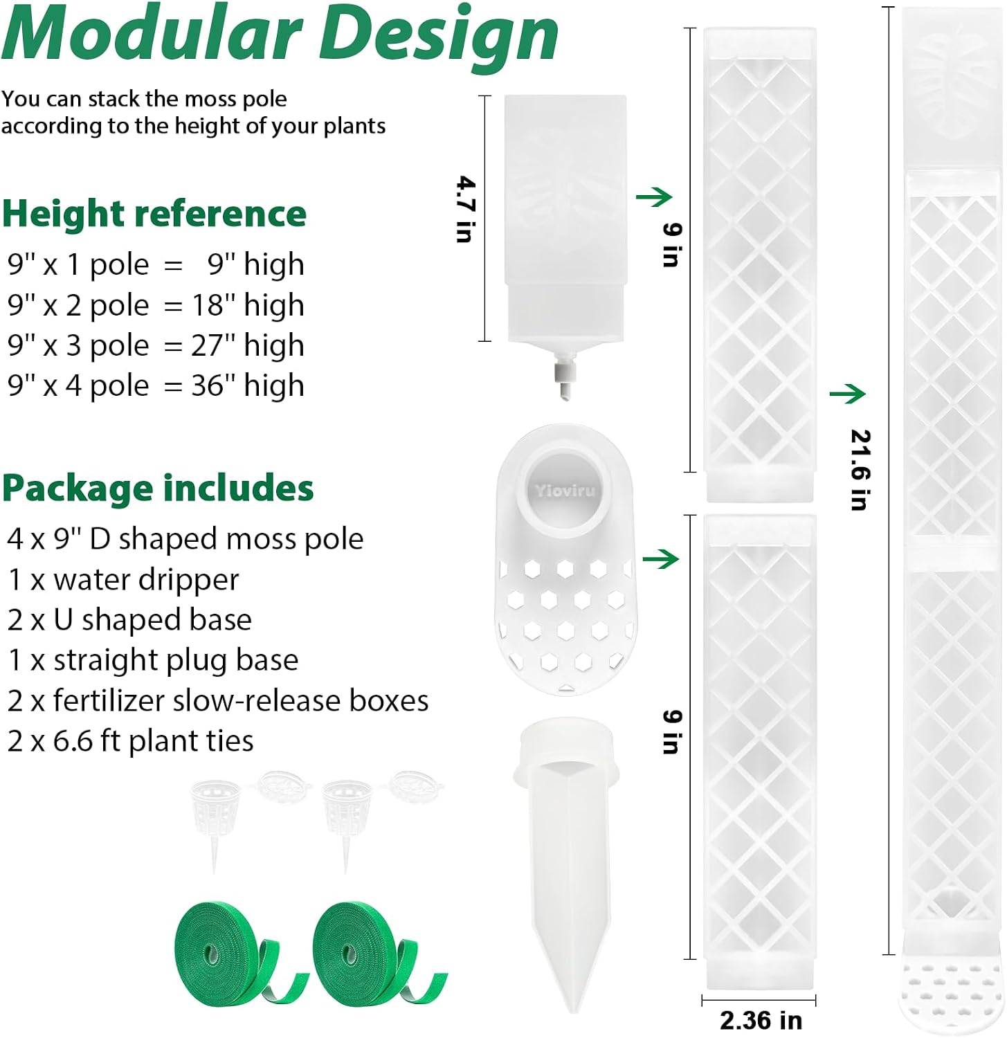4 Psc 9 Inch D Shaped Moss Pole with Watering Dripper, Plastic Moss Poles for Climbing Plants, Sturdy Monstera Plant