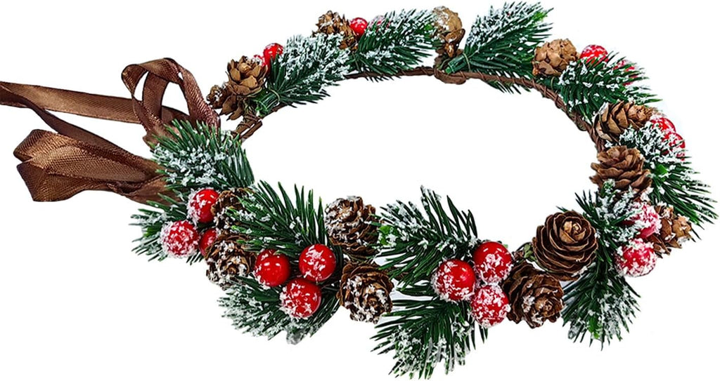 MEMOVAN Christmas Flower Crown Christmas Red Berry Stems Spray Pine Cone Holly Stem Hair Wreath Floral Headpiece Halo Headband Winter Holiday Tiara for Women Girl Xmas Holiday Decoration
