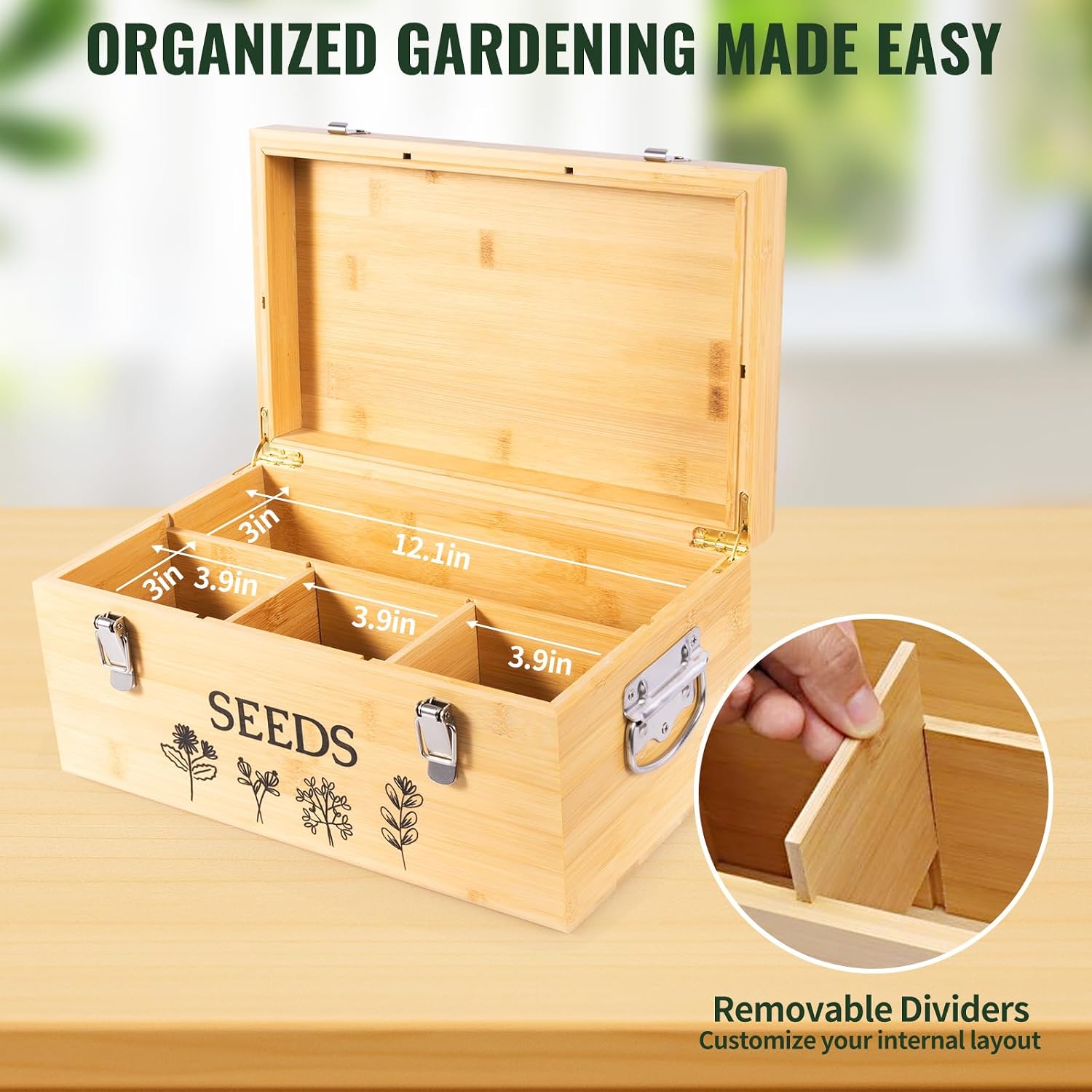 Large Bamboo Wood Seed Storage Organizer Box with Lid,Double-Layer Seal Design Seed Saving Box with 304 Stainless Steel