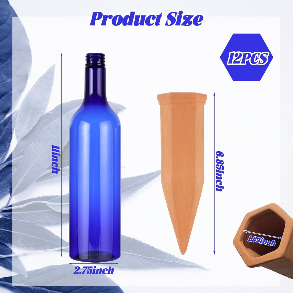 TINSKY 6 Sets Plant Watering Devices Terracotta Self Watering Spikes and 26 Oz Plastic Blue Bottles Slow Release