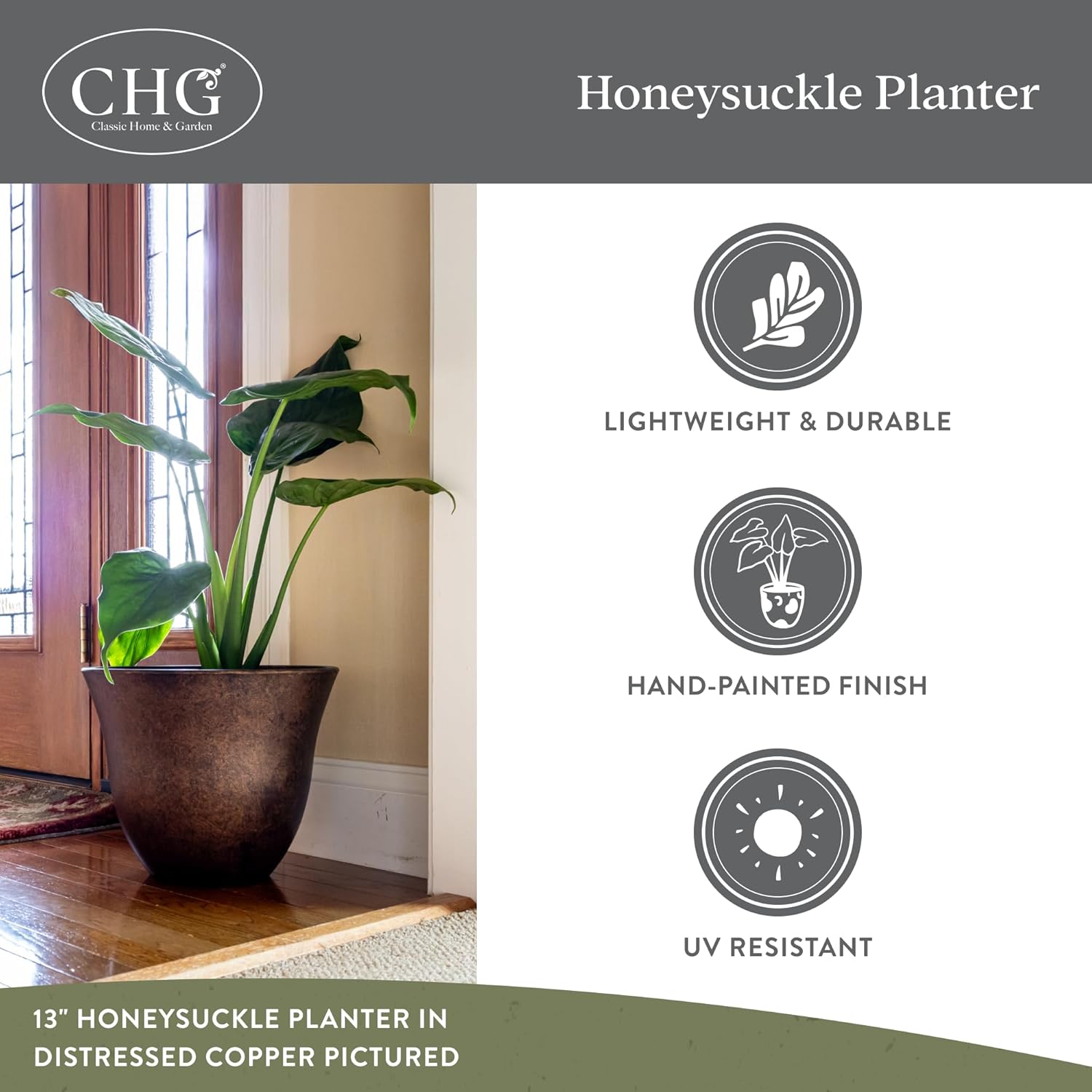 Honeysuckle Resin Planter, Durable Garden Pot, 13" Ocean Blue | Hand-Painted Finish Plant Pots, Lightweight Indoor