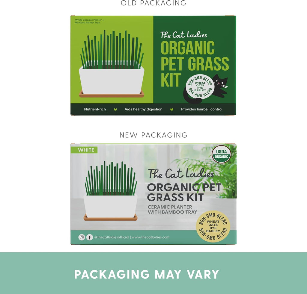 The Cat Ladies Organic Cat Grass Growing kit with Organic Seed Mix, Soil and Ceramic Planter with Bamboo Tray. Natural