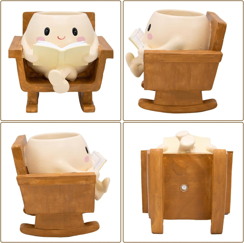 Cute Rocking Chair Smiley Face Planter Pot for Indoor Outdoor | Unique Book Garden Plant Pots with Drainage, Funny