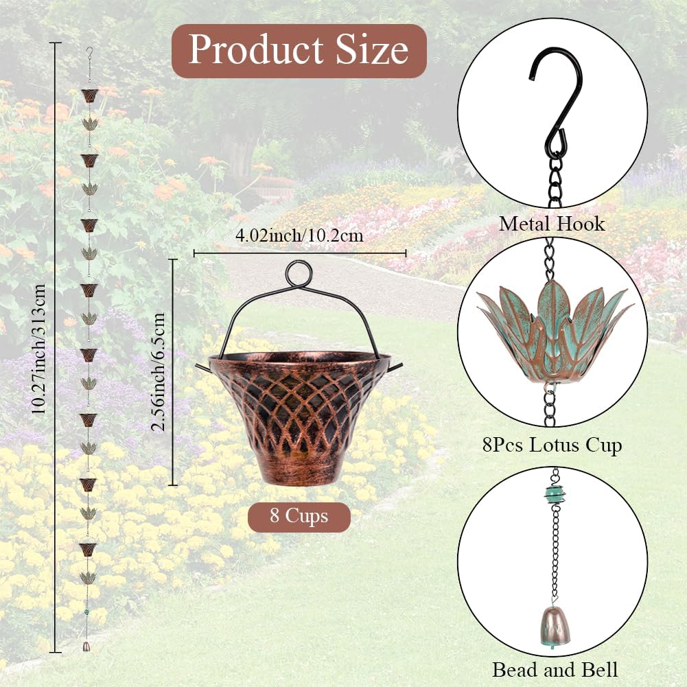 10.2ft Lotus Rain Chains for Outside Gutters, Eaves, Drainage | 16 Cups, Metal Rain Chain, Adjustable Length