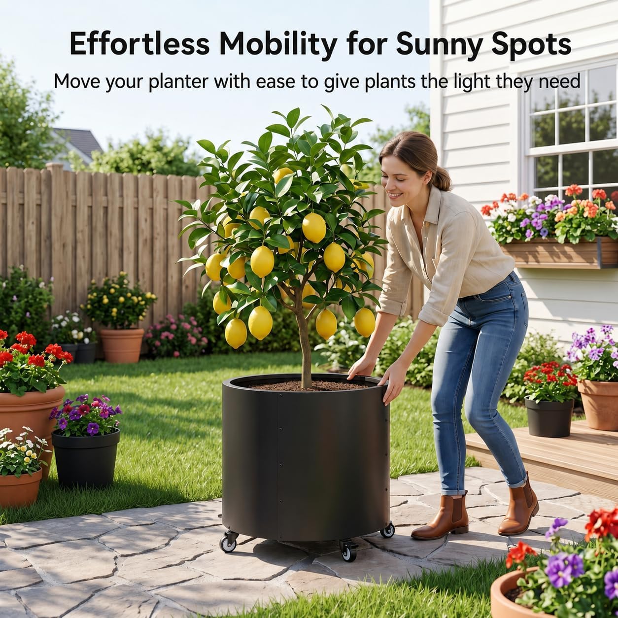 2 Pack Rolling Planter for Tree,Large Metal Tree Pots for Outdoor | 22"x 24" Round Planter Box with 4 Drainage Holes &