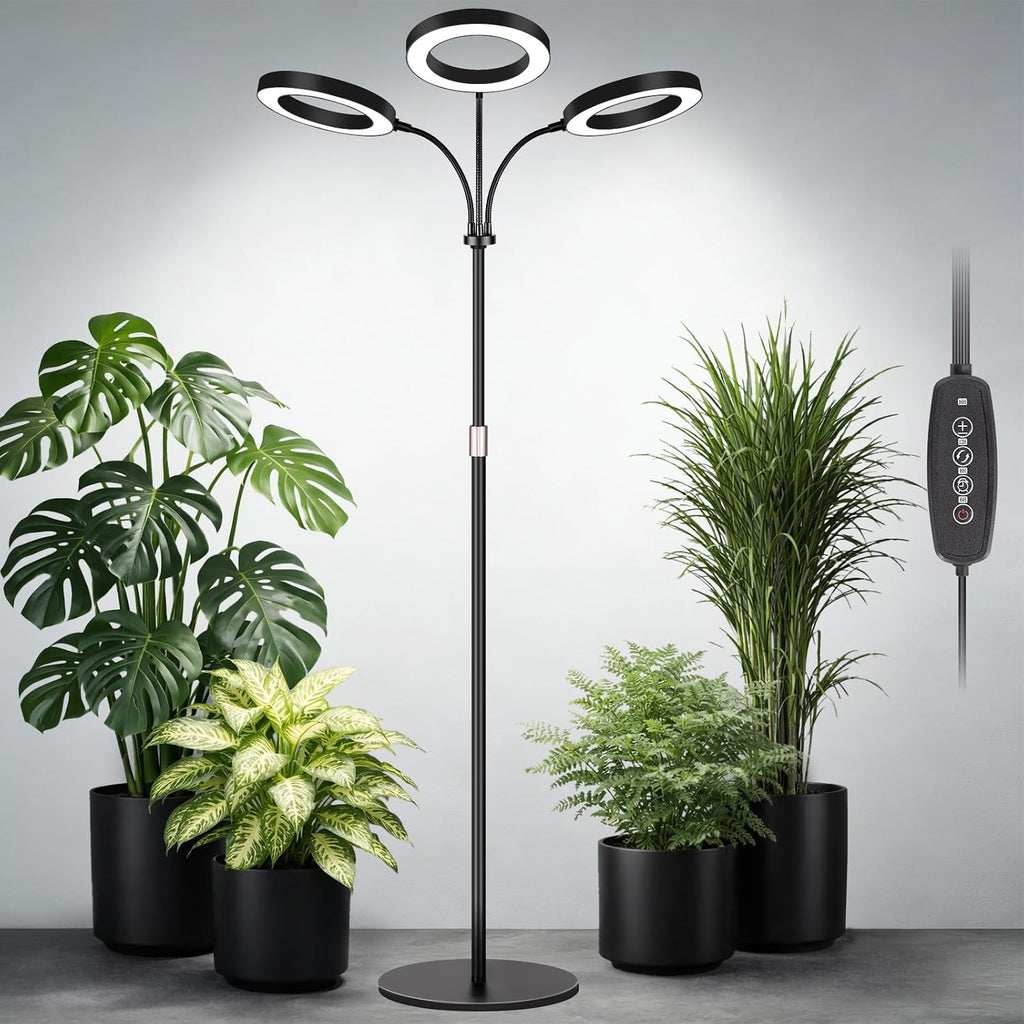LBW 3-Head Grow Light with Stand for Indoor Plants, Full Spectrum Grow Light for Tall Large Plants, Adjustable Height up to 68", Auto Cycle Timer 6/8/12/16H, 5-Level Dimming, 3 Lighting Modes, Black