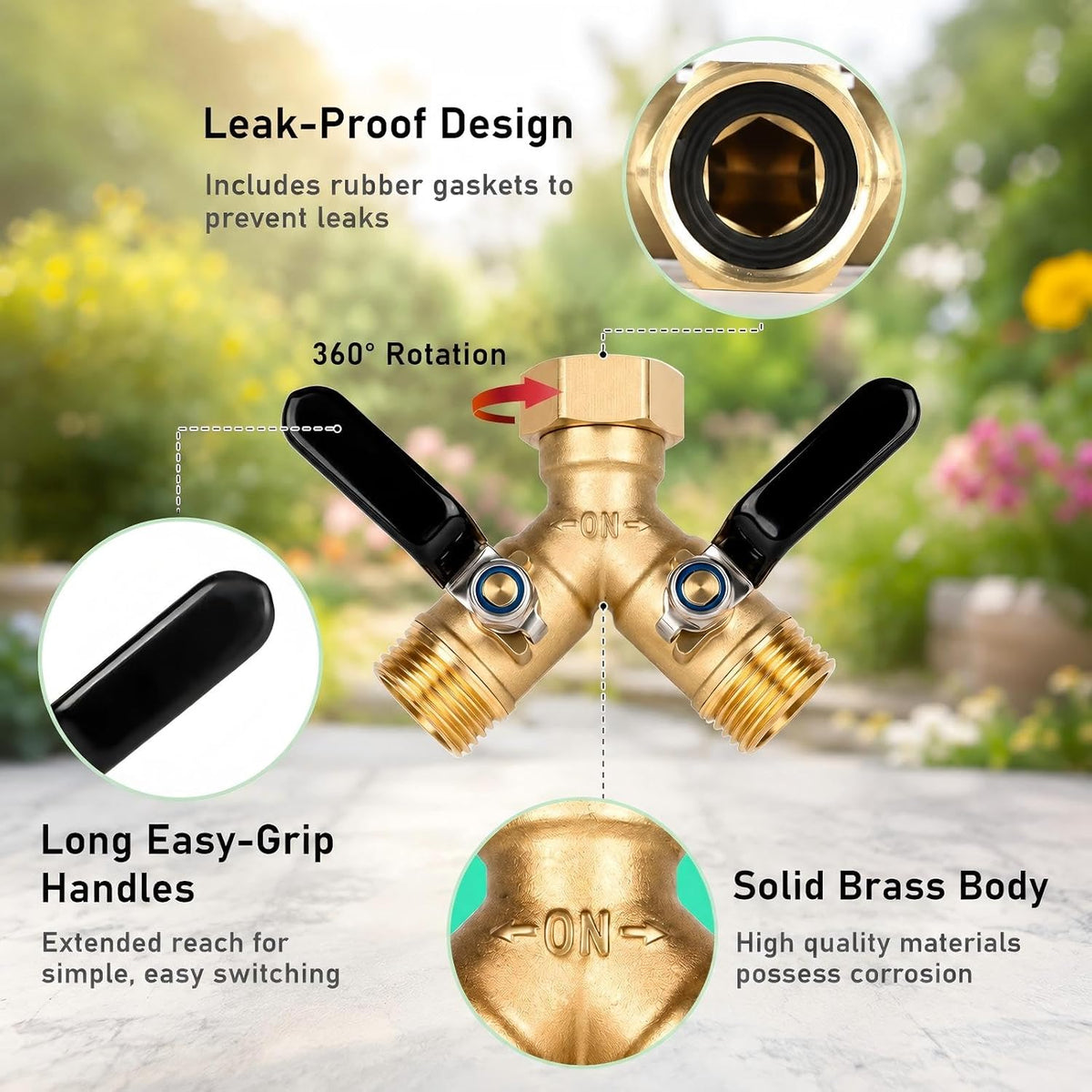 Garden Hose Splitter 2 Way,Brass 3/4" GHT with Long Handles | Heavy-Duty Brass Y Connector with Shut Off Valves,Water