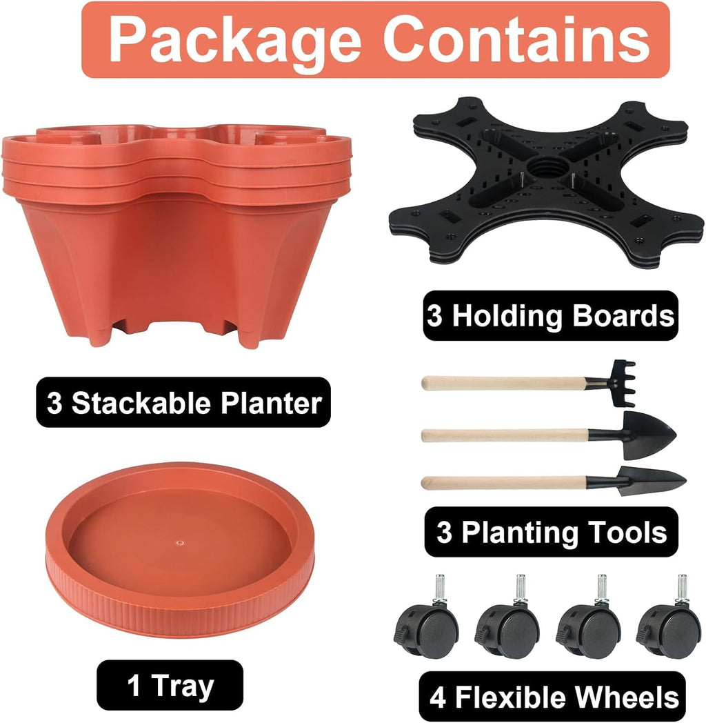 GameXcel Vertical Planter Tower- 3 Tier Stackable Garden Planter with Wheels and Tool Set – Grow Strawberries Herbs