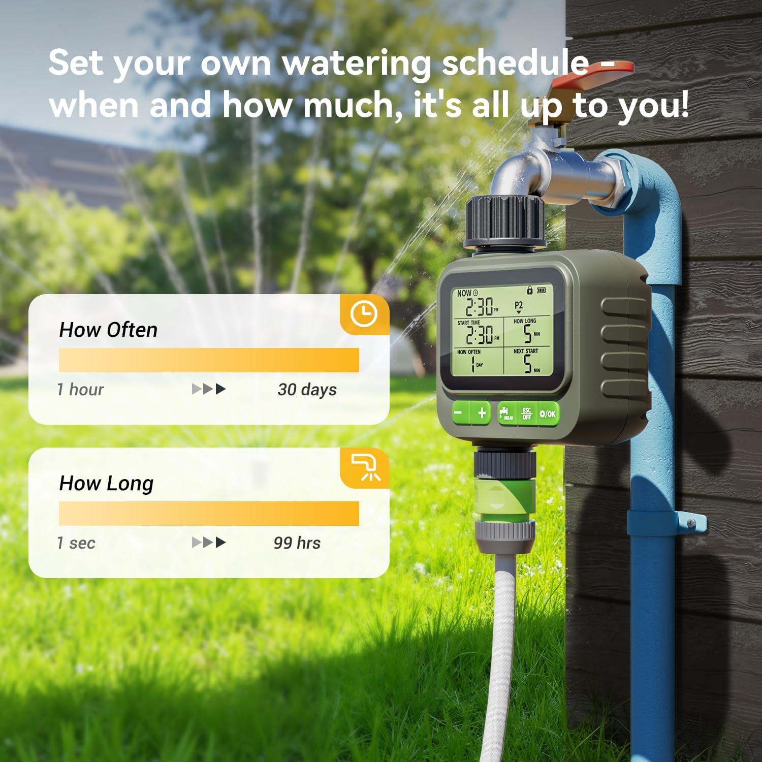 Sprinkler Timer for Garden Hose, Programmable Water Timer with 4 Custom Plans, Rain Delay & 2-Way Splitter, Digital