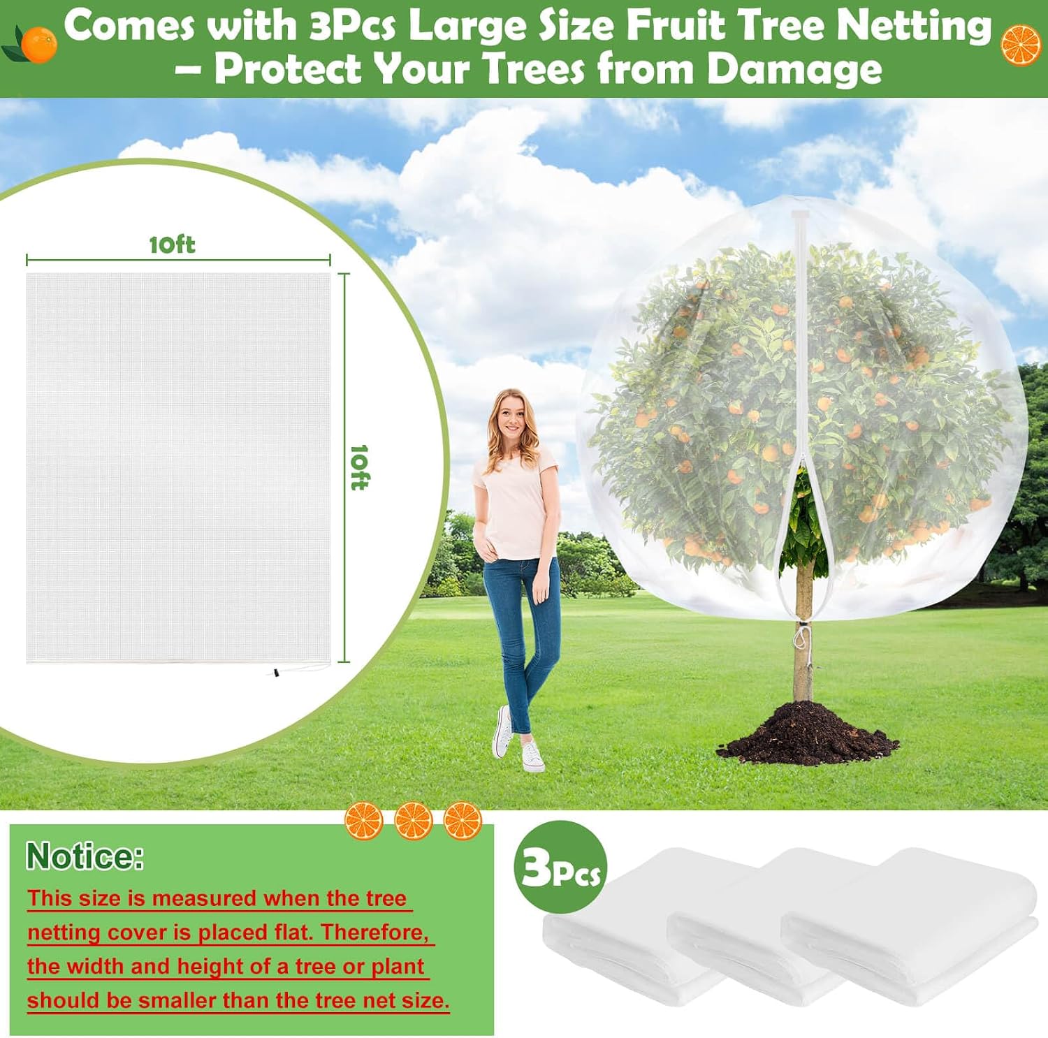 10x10 FT Fruit Trees Netting,3Pcs Large Tree Nets for Fruit Trees | Plant Garden Insect Bird Netting with Zipper, Pest