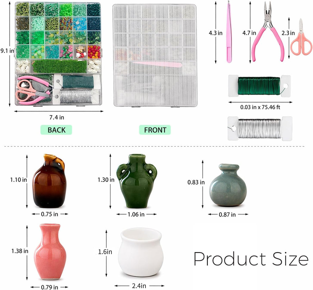 Vittqsuier 4607pcs DIY Green Glass Beads Plant Kit, Includes 4 Mini Vase Magnets for Fridge, 2 Plant Pots, Perfect for