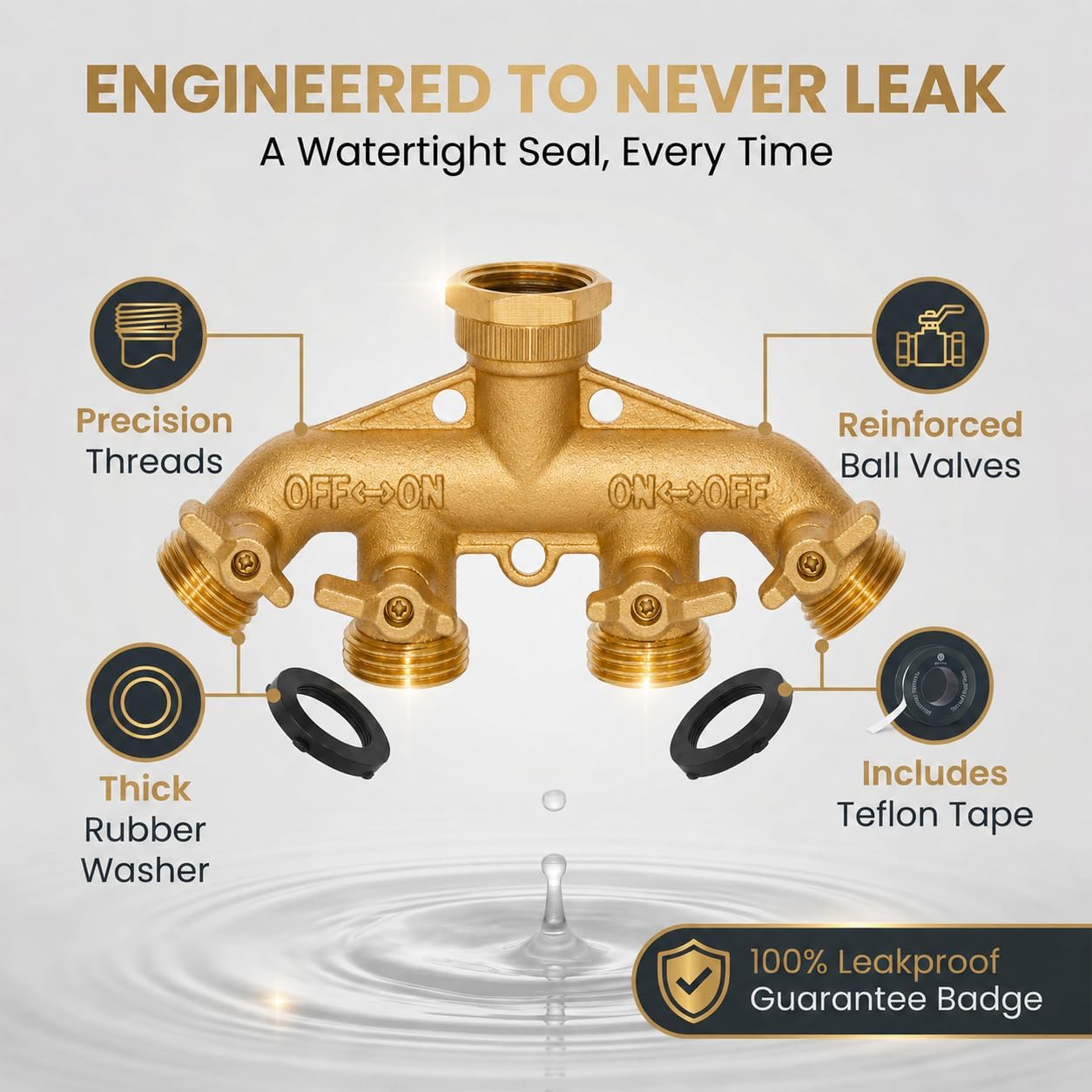 Brass 4-Way Splitter LEAD-FREE, Heavy-Duty Garden Hose Manifold Connector with Improved Comfort Grip ON/OFF Valves