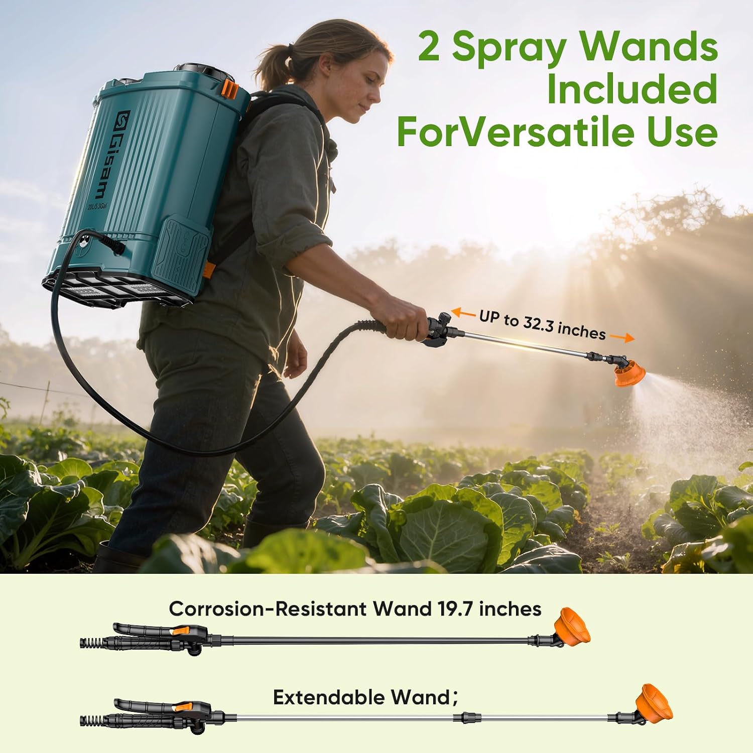 Gisam 5.3 Gal Battery Powered Backpack Sprayer-2 Batteries,Water Markings | 120PSI Adjustable Pressure,Telescopic Wand