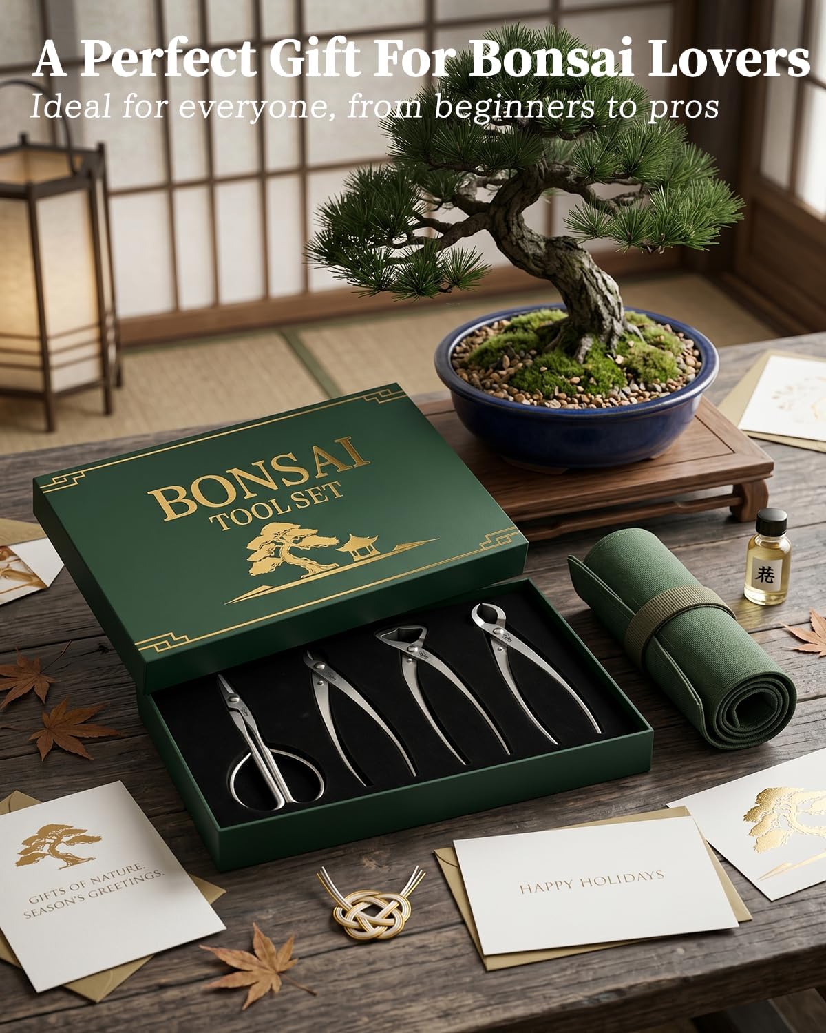 4-Piece Bonsai Tools Set with Tool Roll Bag and Luxury Gift Box | Bonsai Starter Kit, Include Concave Cutter, Knob