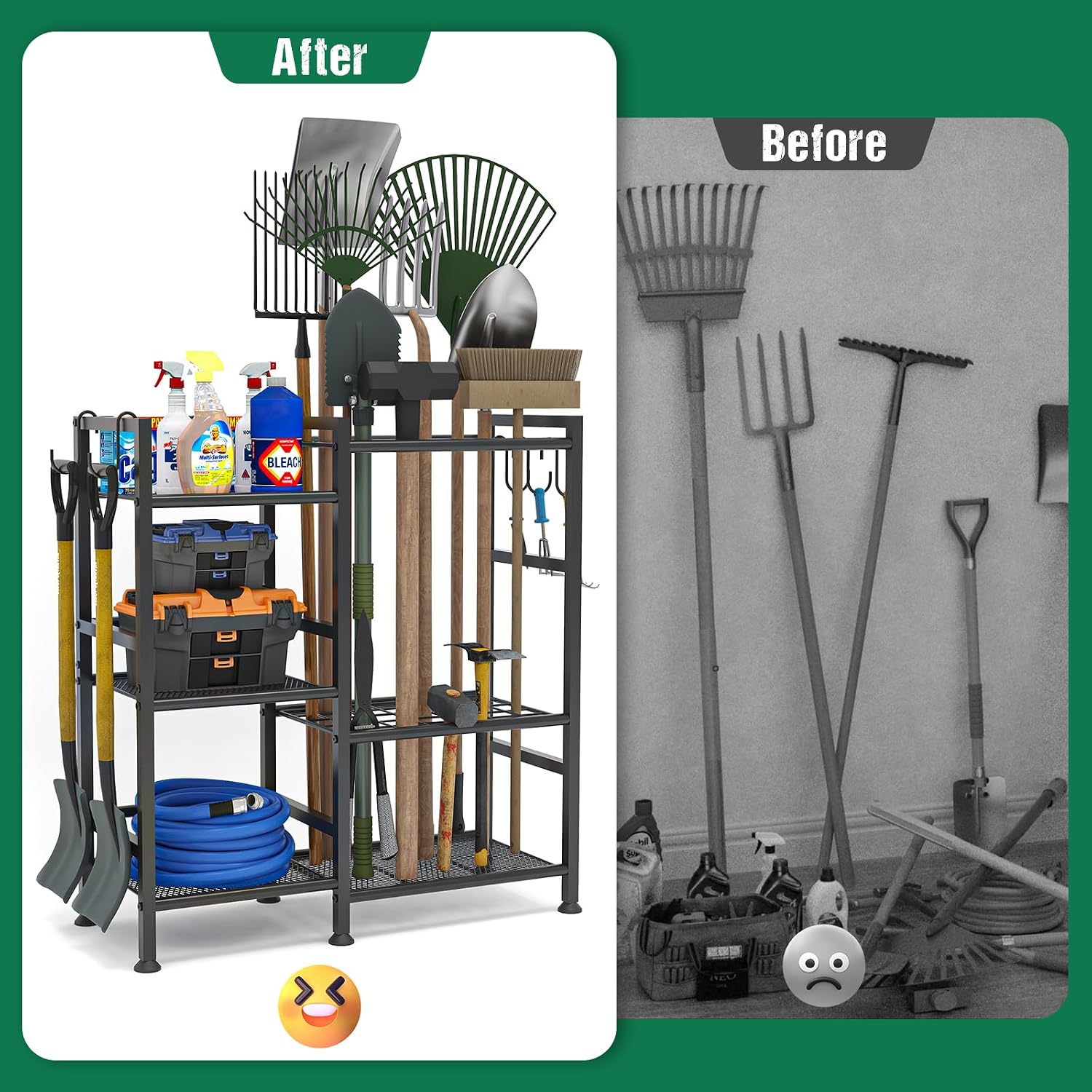 keomaisyto Garden Tool Organizer with Large Hooks, Garage Storage Rack | 3 Tier Yard Tool Holder with 35 Long-Handled