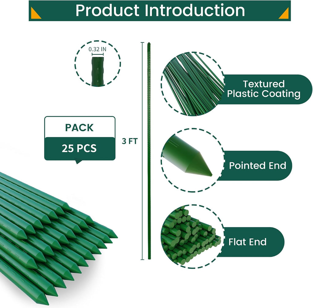 PROWORX 36 Inch 3 Ft Plant Support Garden Stakes 25 PCS, Sturdy Steel Plastic Coated Sticks for Outdoor Growing