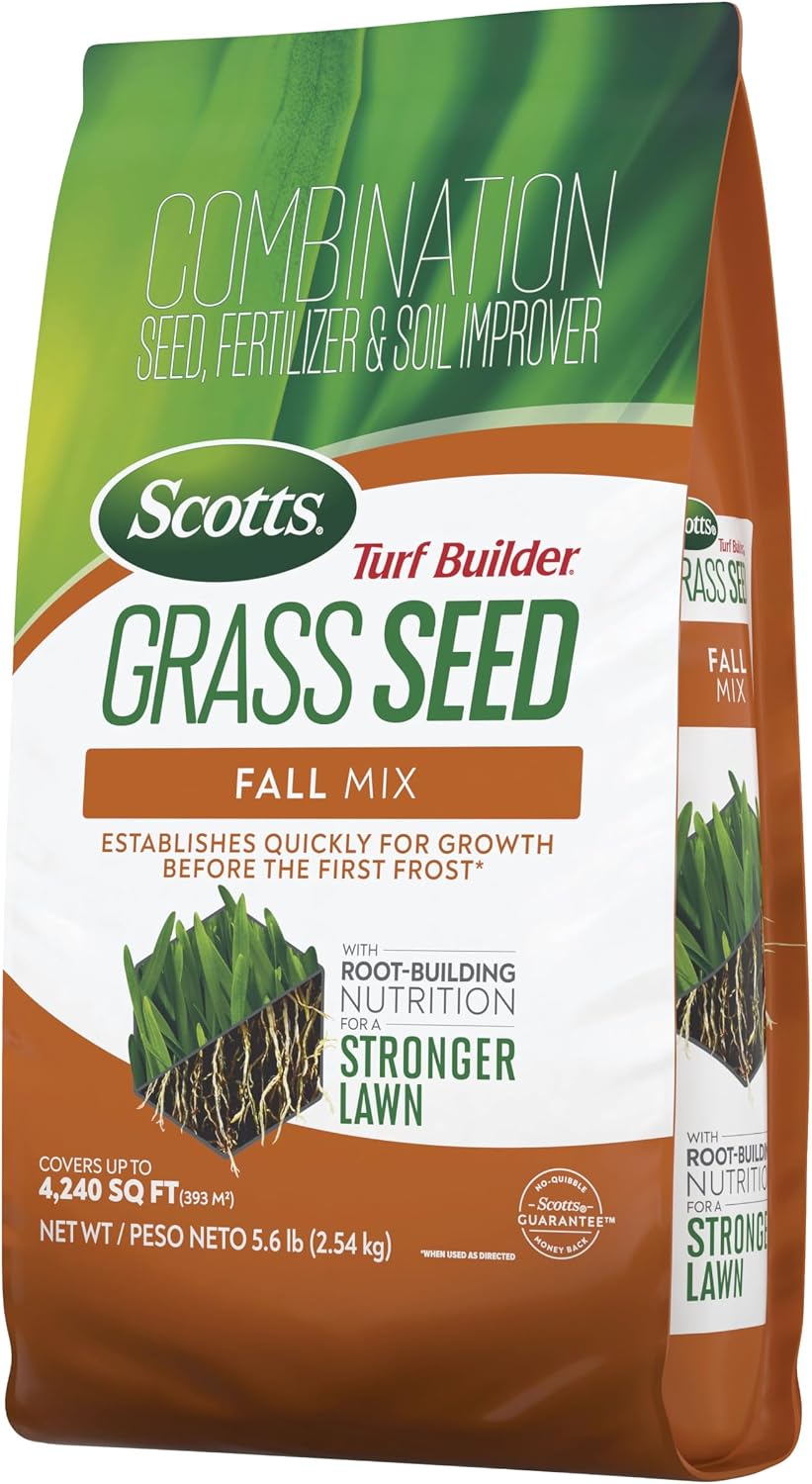 Scotts Turf Builder Grass Seed Fall Mix, 5.6 lbs. | Grass Seed Plus Lawn Fertilizer and Soil Improver, Covers Up To