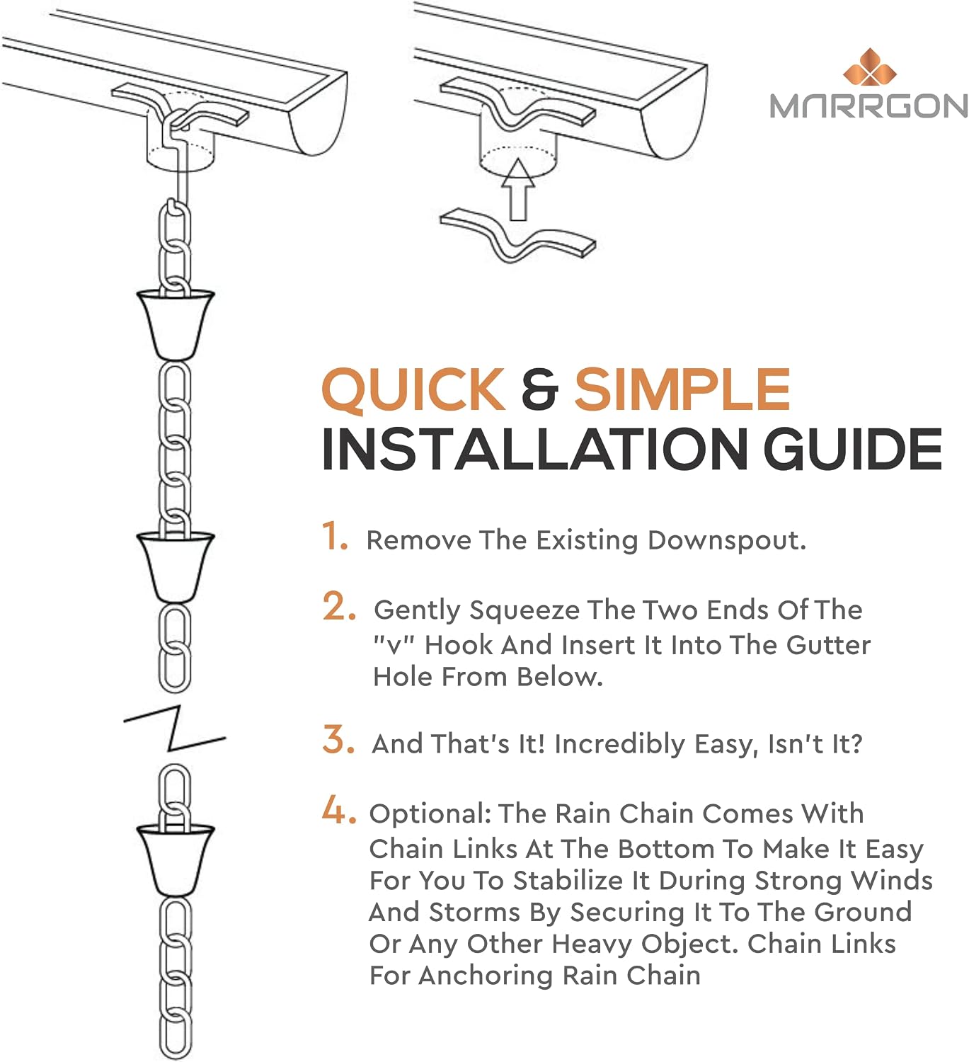 Copper Rain Chain – Decorative Chimes & Cups Replace Gutter Downspout & Divert Water Away from Home for Stunning