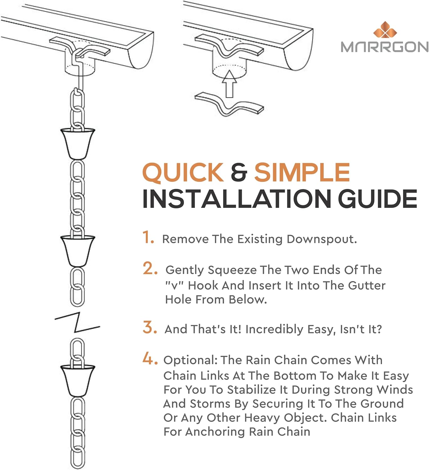Copper Rain Chain – Decorative Chimes & Cups Replace Gutter Downspout & Divert Water Away from Home for Stunning