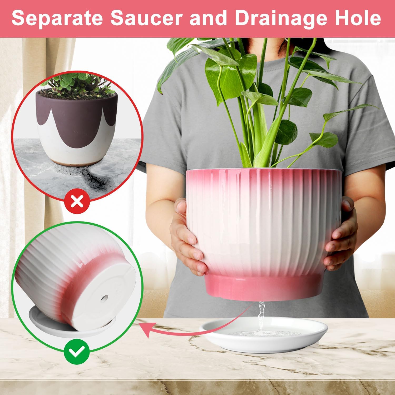 8 Inch Plant Pot, Ceramic Planter with Drainage and Saucer, Ceramic Pots for Plants, Indoor Plant pots,Flower pots(Pink