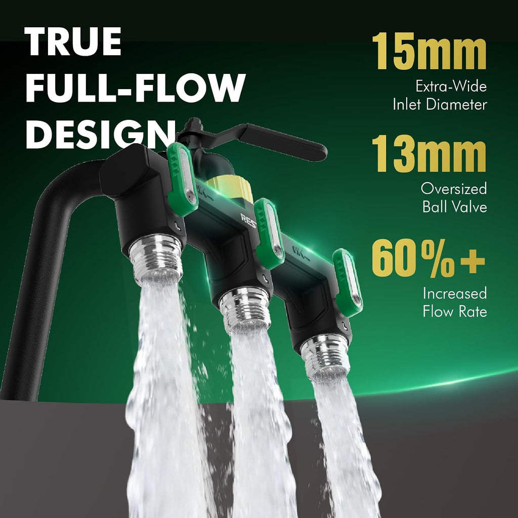Restmo 3 Way Garden Hose Splitter Heavy Duty 100% Metal Body | Full Flow Design with Oversized Ball Valve, Outdoor
