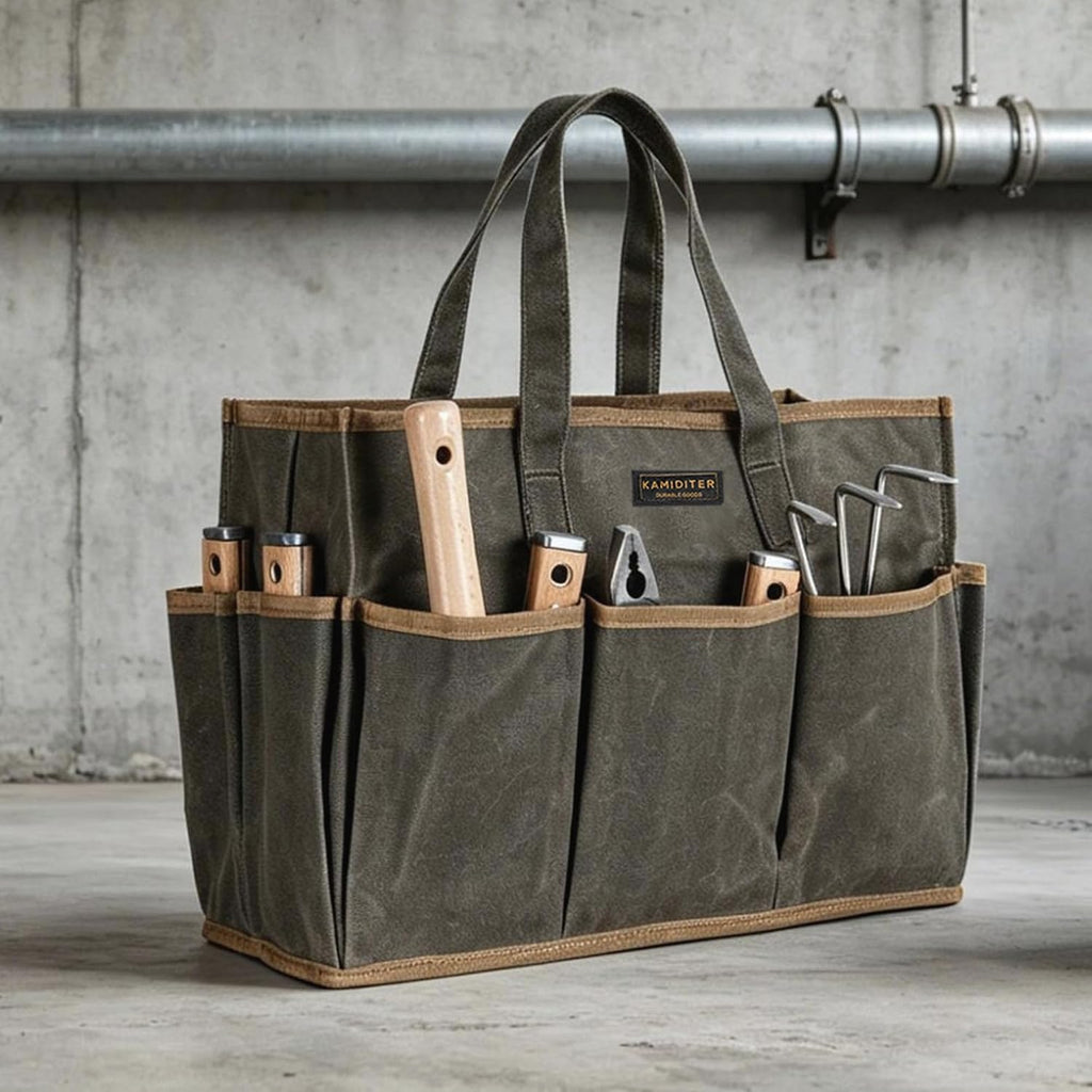 Waxed Canvas Garden Tool Bag Tote, 14 Inch Tool Bag with 10 External Pockets & 1 Large Compartment, Army Green