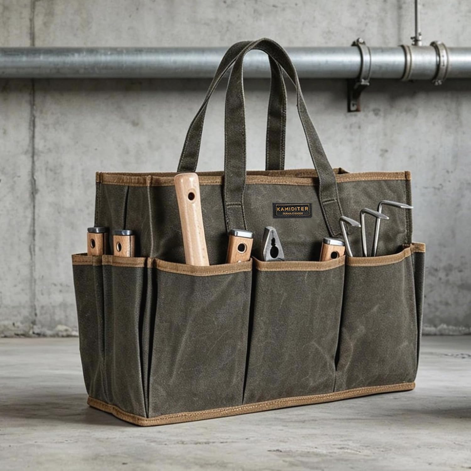 Waxed Canvas Garden Tool Bag Tote, 14 Inch Tool Bag with 10 External Pockets & 1 Large Compartment, Army Green
