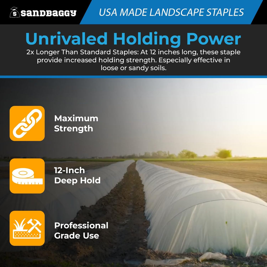 Sandbaggy USA Made 12-inch Landscape Staples - Garden Stakes - Drip Irrigation Tubing, Landscaping Fabric, Netting