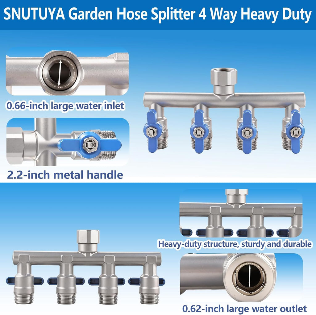 304 Stainless Steel Garden Hose Splitter 4 Way Heavy Duty, Full Flow T Valve Water Hose Splitter With 2.1" Extra Long