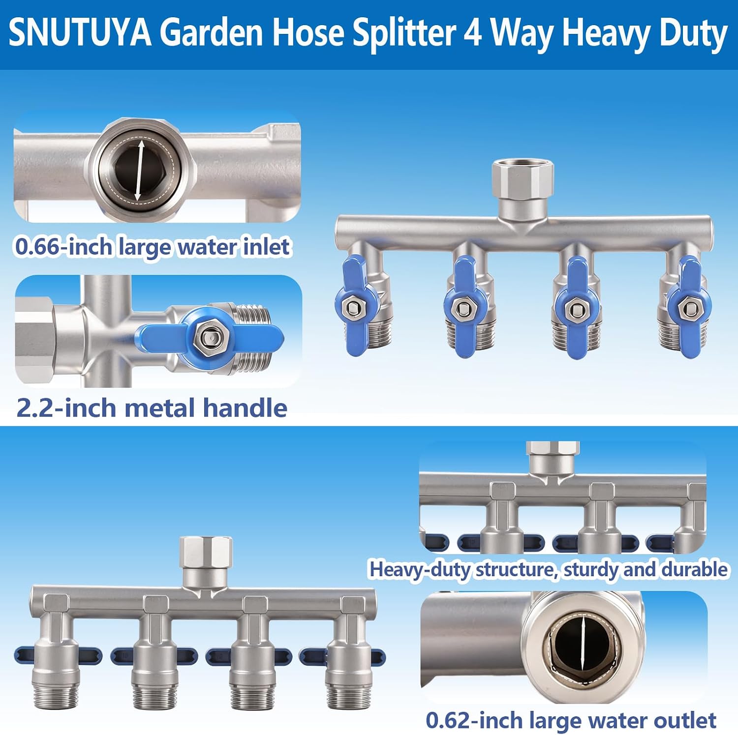 304 Stainless Steel Garden Hose Splitter 4 Way Heavy Duty, Full Flow T Valve Water Hose Splitter With 2.1" Extra Long