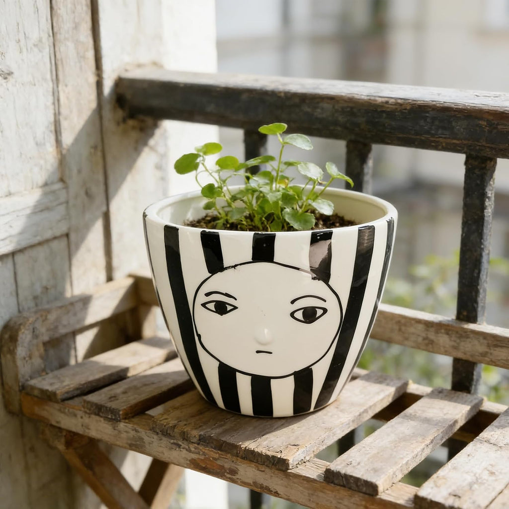 Modern Abstract Face Ceramic Planter with Black & White Stripes ，5.9in Indoor Planter with Drainage Outlet and Tray