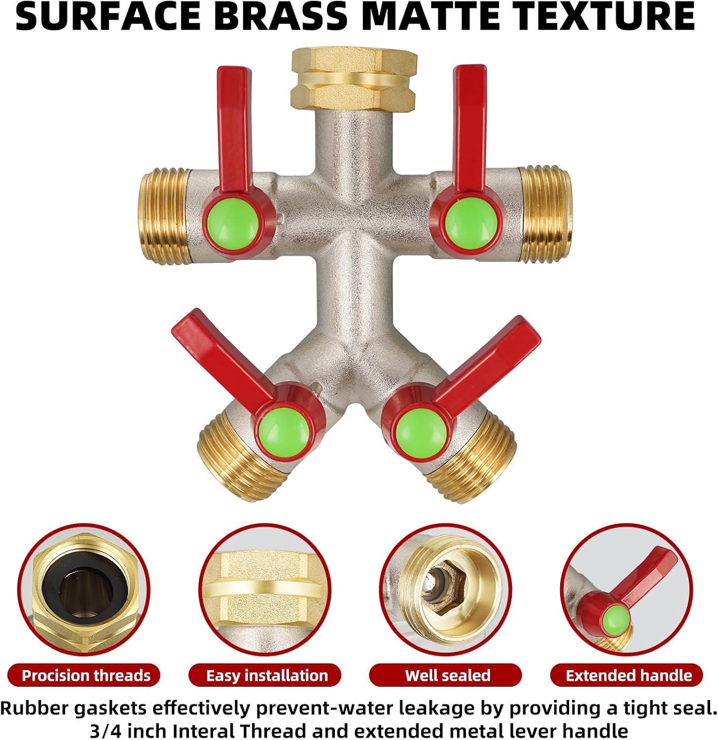 Hose Splitter 4 Way, High Flow Garden Hose Splitter, 3/4” Ght Inlet Brass Heavy Duty Hose Converter, Full Flow water 4