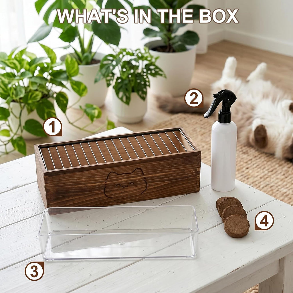 Wooden Cat Grass Planter (no Seeds Included),Cat Grass Kit for Indoor Cats with Anti-Digging Grid, Potting Soil