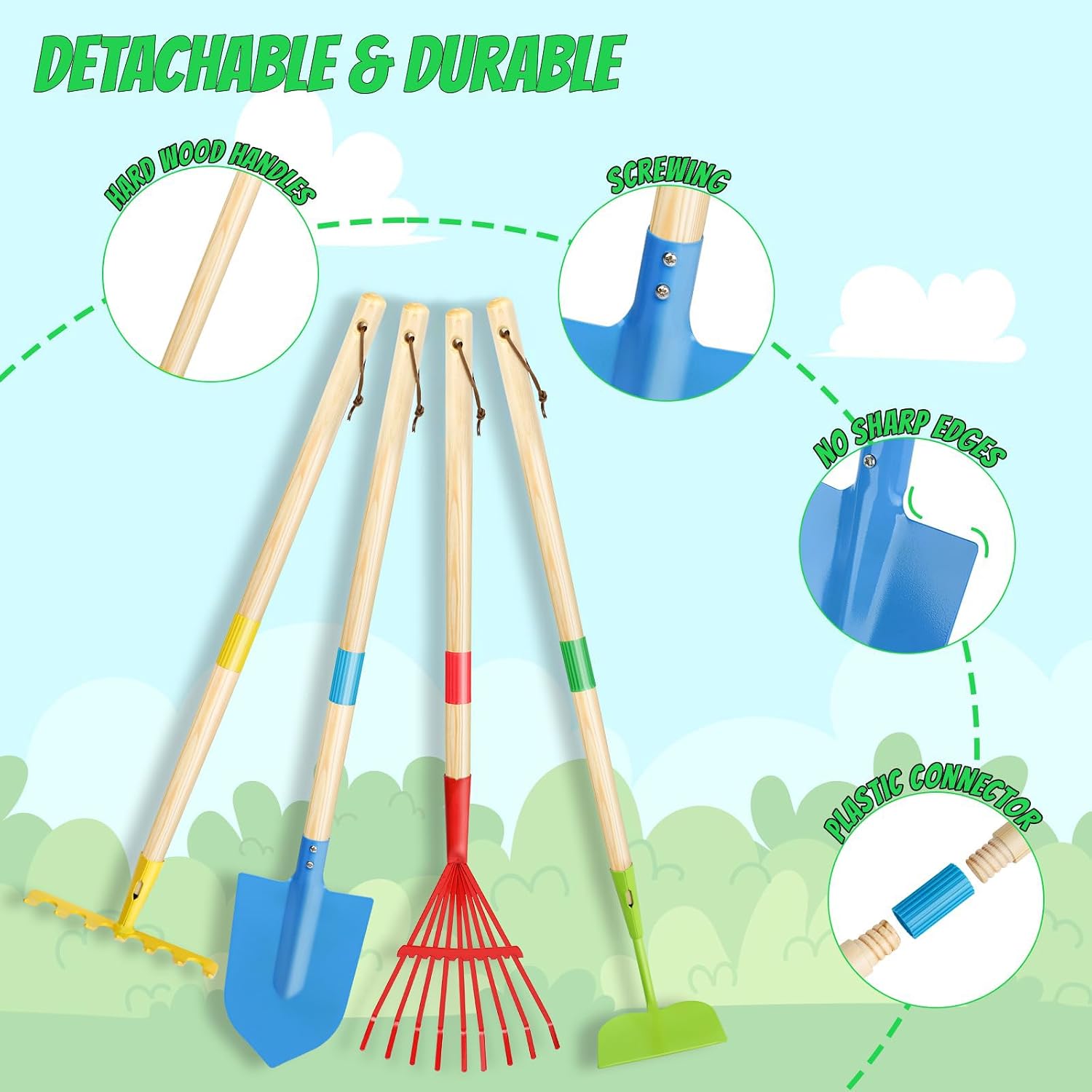 Kids Gardening Tools Set, 22 Pcs Real Metal Wood – Outdoor Toddlers Gifts | Includes Shovel Rake Hoe Leaf Rake Trowel