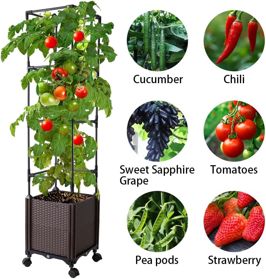 Raised Garden Bed with Tomato Cage & Trellis, 56" Self-Watering Tomato Planter Box for Vegetables Flowers | Lockable