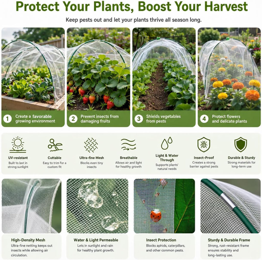 Garden Netting Kit for Raised Beds,10x33ft Ultra Fine Insect Netting Garden Bed Covers & 6 Sets of 8ft Fiberglass
