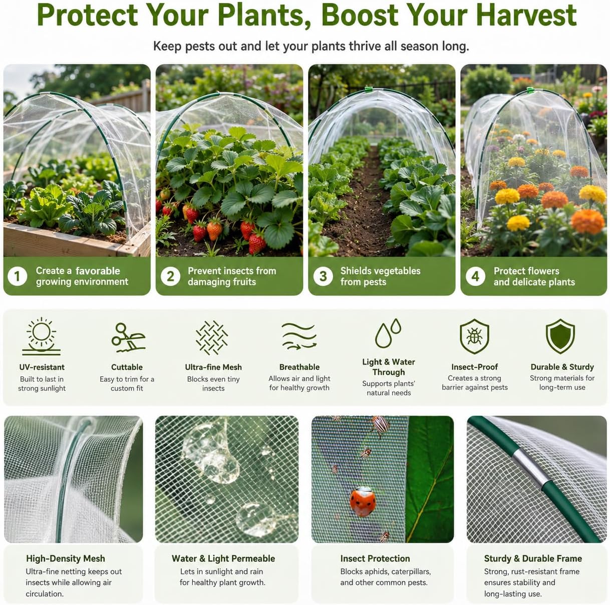 Garden Netting Kit for Raised Beds,10x33ft Ultra Fine Insect Netting Garden Bed Covers & 6 Sets of 8ft Fiberglass