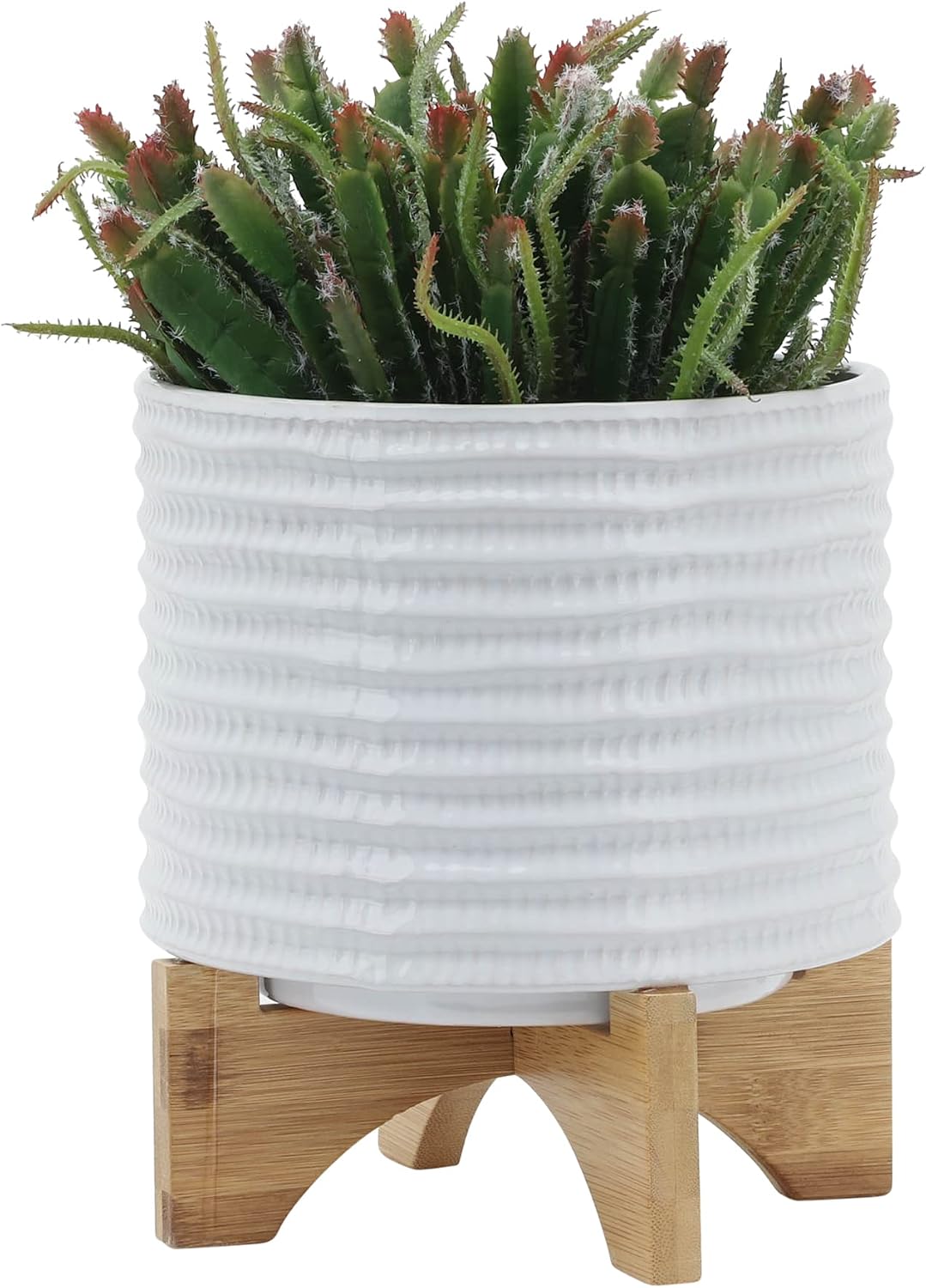 Ceramic Planter with Bamboo Stand – Modern Home Decor Indoor Plant Pot with Textured Stoneware Design – Decorative