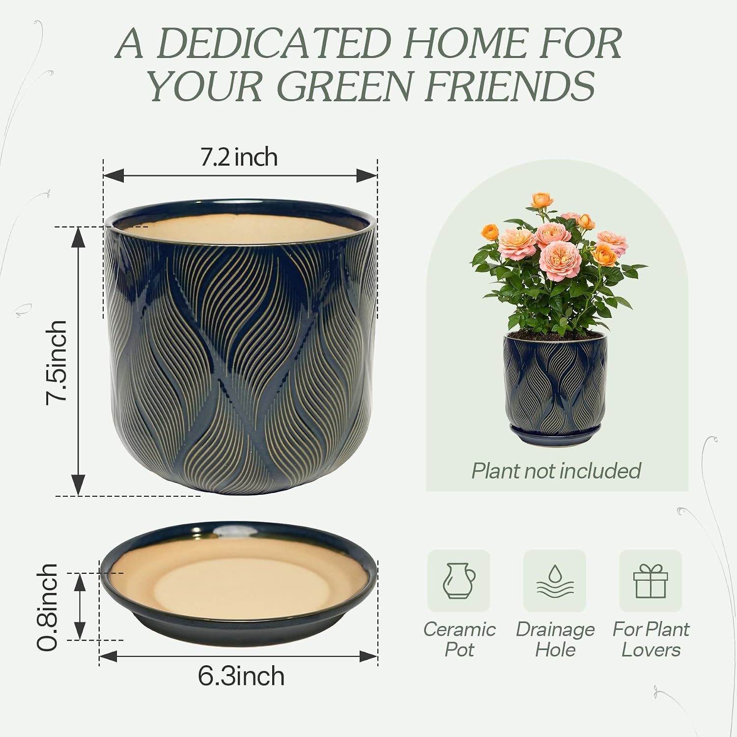 7.2 Inch Modern Ceramic Glaze Plant Pot with Drainage Hole,Mesh Net,Saucer,Indoor Outdoor Planter(Leaf-Blue)