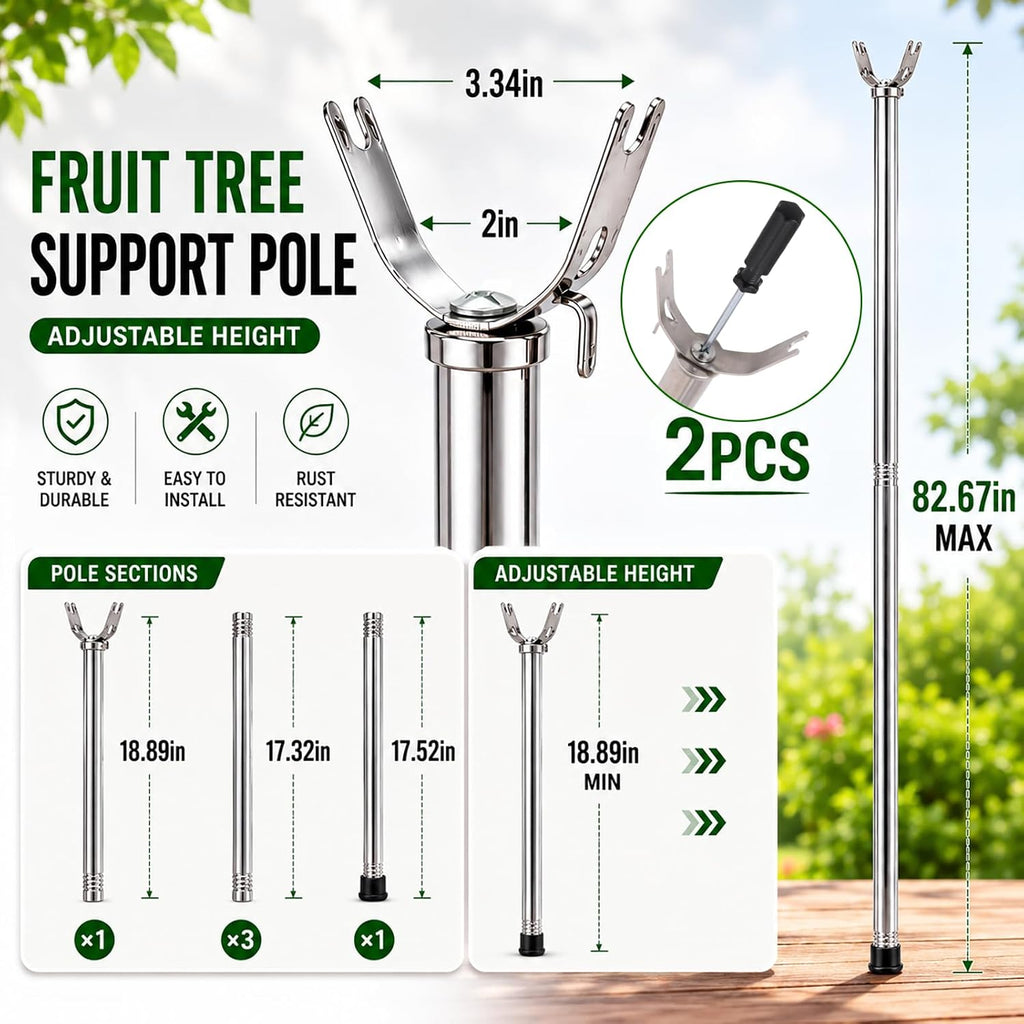 2 Pack Stainless Steel Tree Support Pole with U-Shaped Head, Adjustable 17.3"-78.3" Tree Branch Support, Tree Stakes