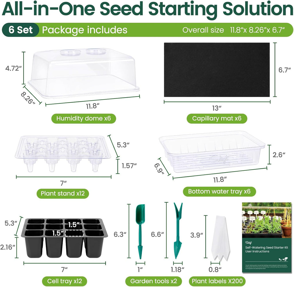 SOLIGT Self Watering Seed Starter Trays with Humidity Domes 6 Pack 144 Cell | Extra Thick Plastic Seed Starter kit for