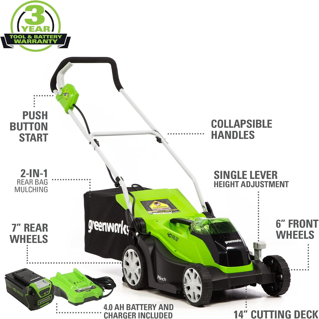 Greenworks 40V 14" Cordless (Push) Lawn Mower (75+ Compatible Tools), 4.0Ah Battery and Charger Included