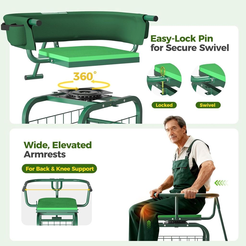 Suntee Garden Seat with Wheels, Rolling Gardening Stool with 360° Swivel Seat & Backrest,Tool Storage Basket & Back