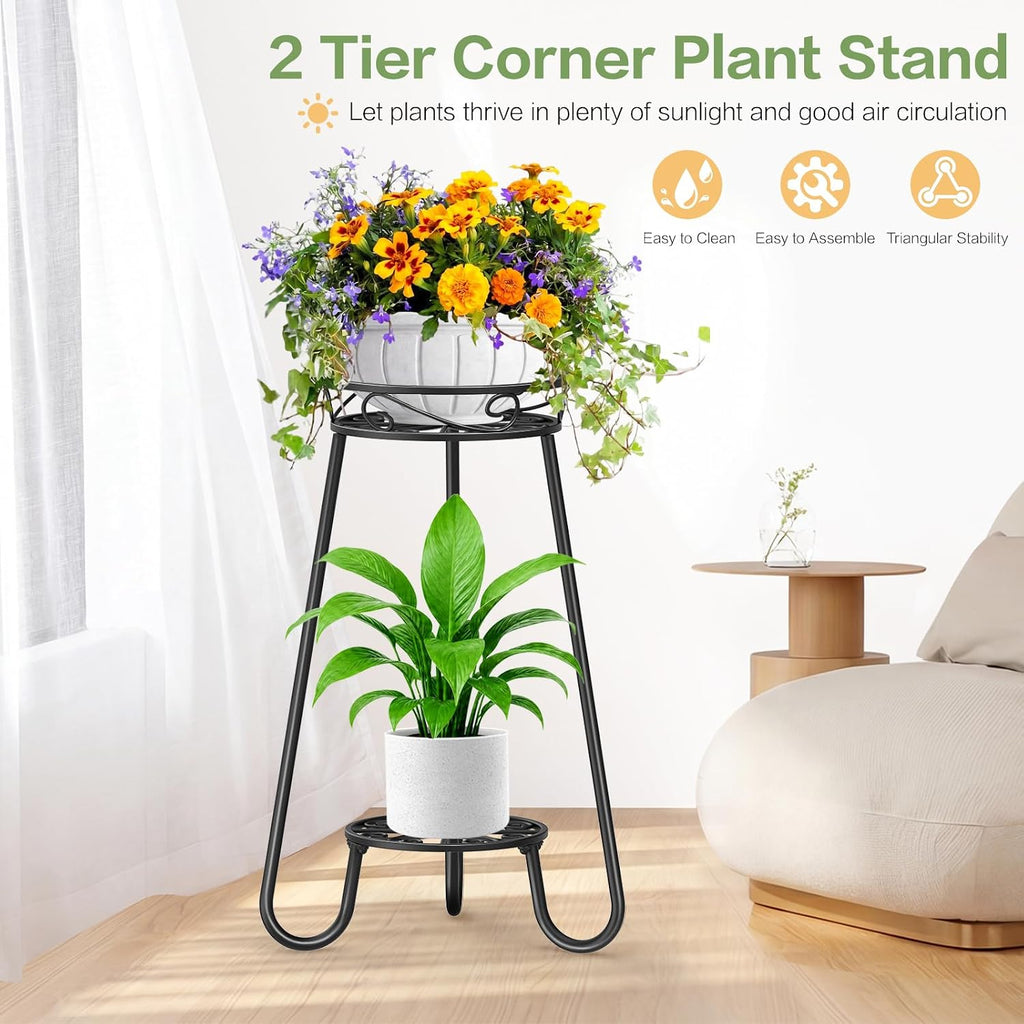 2 Tier 27.2 Inch Tall Corner Plant Stand Indoor Outdoor, Black 3 Leg | Metal Heavy Duty Flower Plant Shelf，Rustproof