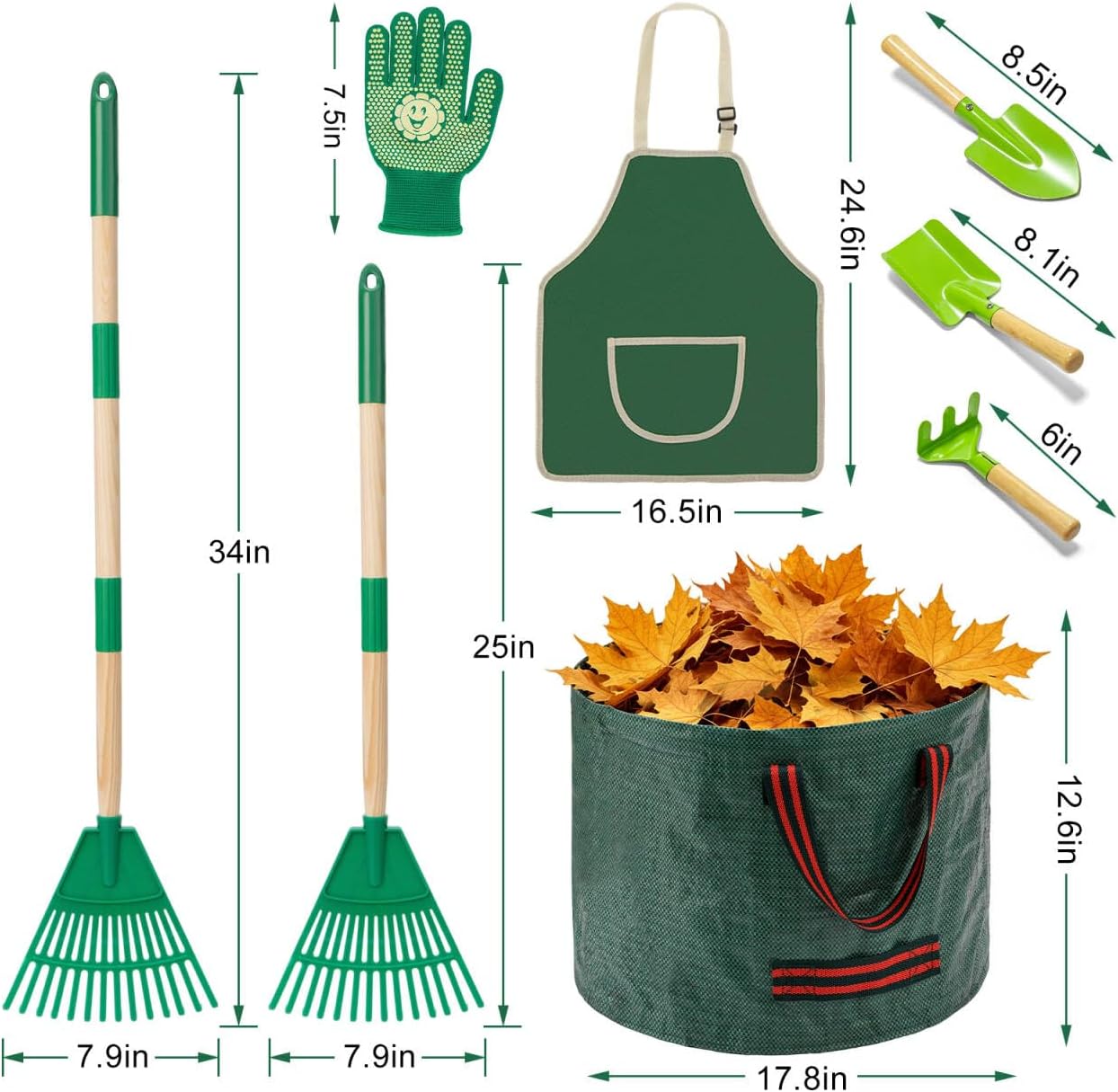 10Pcs Kids Adjustable Garden Leaf Rake Set, with Bag & 3 Hand Tools | 25-34"Adjustable Plastic Rake, Detachable